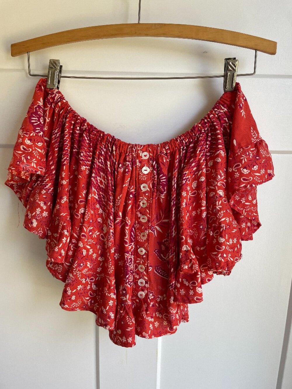 Angie Boho Off Shoulder Bandana Print Ruffle Crop Top Red Western Paisley